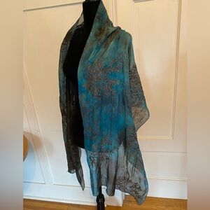 Large Rayon Silk Teal Blue and Metallic Brown Embroidery Sheer Scarf